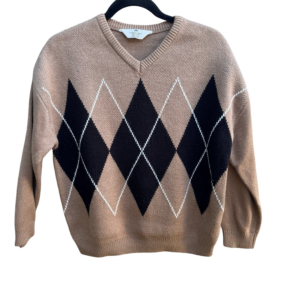 HM Argyle Schoolgirl Indie Collegiate V-Neck Preppy Dark Academia Knit Sweater M